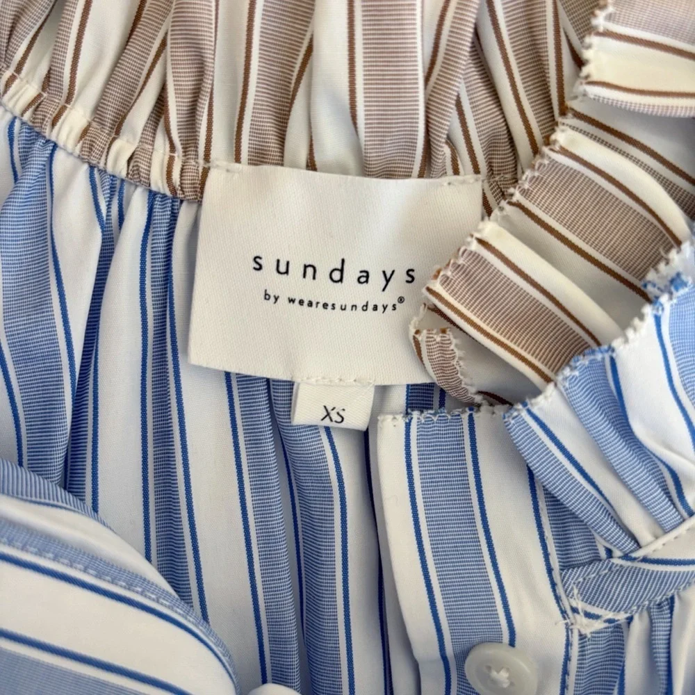 Sundays Leah Blue Italian Stripe Ruffle Button Down Shirt XS Preppy Classic - Picture 5 of 6